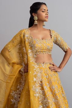 Buy Yellow Organza Embroidery Square Neck Shabnam Bridal Lehenga Set For Women by Anushree Reddy Online at Aza Fashions. Mustard Lehenga, Embroidery Square, Organza Embroidery, Anushree Reddy, Organza Lehenga, Gaun Fashion, Indian Bridal Outfits, Embellished Blouse, Yellow Ties