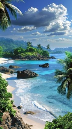 an artist's rendering of a tropical beach scene with palm trees and blue water