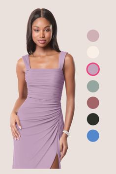 a woman in a purple dress with different colors