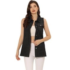 This jean vest jacket is made of soft and breathable denim cotton. Falls to mid-thigh for an elegant look that is slimming, flattering, and comfortable to wear. Suitable for daily casual, vacation, school, shopping, weekend gatherings or shopping etc. You can match it with a sweater for fall and winter or a casual tank cami for sunshine and summer. It is a good choice for the upcoming season. Black Denim Vest, Sleeveless Jean Jackets, Womens Denim Vest, Меган Фокс, Jean Jacket Vest, Vest Waistcoat, Lapel Jacket, Womens Denim, Vest Women