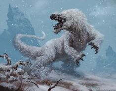 an illustration of a large white creature in the snow with its mouth open and claws out