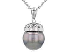 13-14mm Cultured Tahitian Pearl Rhodium Over Sterling Silver Pendant With Chain. Pendant measures approximately 1" L x 1/2" W and has a 6mm bail. Singapore chain measures approximately inches in length, 1/32 of an inch in width with a lobster claw clasp closure and a 2 inch extender. Colors, shapes, and sizes may vary. Silver Necklace With Bail In Fine Jewelry Style, Formal Silver Necklaces With Bail, Formal White Gold Jewelry With Tahitian Pearl, Classic Tahitian Pearl Pendant Jewelry, Tahitian Pearl Necklace In White Gold, Tahitian Pearl Pendant For Formal Occasions, Tahitian Pearl Pendant Jewelry For Formal Occasions, Tahitian Pearl Pendant Jewelry For Formal Events, Silver Tahitian Pearl Round Pendant Jewelry