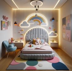 a child's bedroom decorated in pastel colors