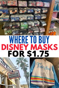 there is a sign that says where to buy disney masks for $ 1 75 and other items