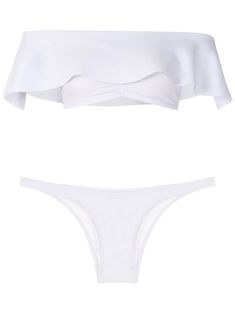 White off-shoulder bikini set from AMIR SLAMA featuring layered design, off-shoulder and classic bottoms. Be mindful to try on swimwear over your own garments. We don't mind what you do after!. Swimsuit Aesthetic, White Two Piece Set, Asa Delta, White Swimsuit, White Off Shoulder, Layered Design, Girly Girl, Try On, Flat Shoes Women