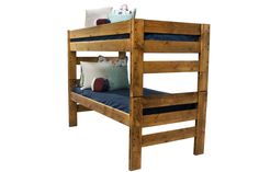 a wooden bunk bed with blue sheets and pillows on top of it, against a white background