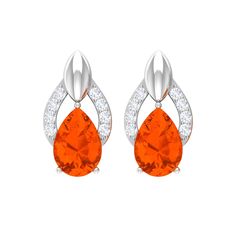 1.5 CT Pear Cut Fire Opal Bridal Stud Earrings with Diamond Accent Fire Opal - ( AAA ) - Quality - Rosec Jewels Orange Teardrop Gemstone Earrings, Orange Earrings For Anniversary In Fine Jewelry Style, Orange Drop Earrings For Anniversary, White Gold Earrings With Accent Stones As Gift, Orange Teardrop Anniversary Jewelry, Diamond Earrings With Accent Stones As Gift, Diamond Teardrop Earrings With Gemstone Accents, Bridal Stud Earrings, Bridal Earrings Studs