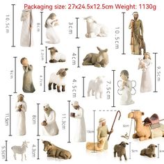 the figurines are shown with measurements for each individual item in this set,