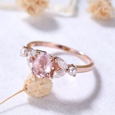 5x7mm Vintage Oval Rose Quartz Moissanite Pearl Engagement Ring 14k Rose Gold Dainty Pink Gemstone Ring Cluster Ring Delicate Bridal Ring Women Accent stones: Moissanite and pearl Good quality rings take time to make, process time of the ring will be about 3 weeks, when your ring is shipped, tracking number will be given to you! - Ring Size - I can make the rings in any ring size, if the ring size you want is not on the ring size option, please contact with me! - Shipment - Free shipping within Rose Quartz Engagement Ring, Pink Pearl Ring, Rose Quartz Ring Engagement, Pink Gemstone Ring, Quality Rings, Pink Gemstones Ring, Pink Engagement Ring, Ring Cluster, Pearl Engagement Ring