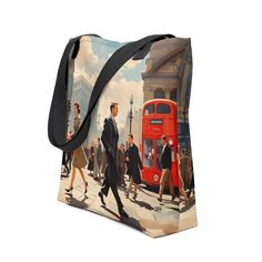 Stay stylish and organized on the go with our spacious tote bag, now with FREE SHIPPING to the US, Canada, EU, and UK! THE ARTWORK This artwork is a stunning depiction of vintage London, where the historical cityscape and the iconic red double-decker bus create a nostalgic and elegant scene. The painting showcases the artist’s attention to detail and mastery of color and light, capturing the vibrancy and charm of the British capital. THE TOTE BAG This tote bag is both trendy and practical and is Artistic Travel Tote Canvas Bag, Artistic Tote Canvas Bag For Travel, Artistic Large Capacity Shoulder Bag For Shopping, Artistic Large Capacity Canvas Travel Bag, Artistic Rectangular Shoulder Bag For Travel, Artistic Shoulder Bag For Travel, Rectangular Bags With Artwork For Daily Use, Artistic Large Capacity Shoulder Bag For Travel, Artistic Tote Shoulder Bag For Travel