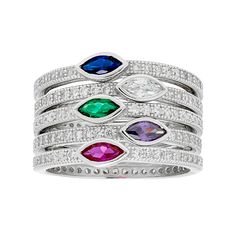 Featuring lab-created spinel and cubic zirconia stones, this sterling silver stack ring set is sure to give your ensemble a luxurious look.SET DETAILS Includes: 5 rings Width: 3.4 mm (each) Metal: sterling silver Plating: rhodium Packaging: boxed STONE DETAILS Stone type: lab-created blue spinel, lab-created green spinel Total weight: 3/8 ct. Shape: marquise Setting: bezel CUBIC ZIRCONIA DETAILS Total weight: 3 ct. Shape: marquise, round Color: white, purple, red Setting: pave, bezel Gemstones m White Stackable Cubic Zirconia Rings, Cubic Zirconia Multi-stone Stackable Rings For Anniversary, Fine Jewelry Stackable Birthstone Rings With Cubic Zirconia, Anniversary Multi-stone Cubic Zirconia Stackable Rings, Anniversary Multi-stone Stackable Rings In Cubic Zirconia, Anniversary Cubic Zirconia Stackable Rings With Multi-stone, Silver Cubic Zirconia Stackable Rings With Accent Stones, Multicolor Stackable Cubic Zirconia Jewelry, White Gold Stackable Cubic Zirconia Rings