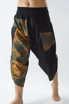 HC0460 Black and Green Men pants Handmade pants Thick Smock Viking Pants, Boho Men Style, Yoga Harem Pants, Samurai Pants, Handmade Pants, Boho Men, Estilo Hippie, Cyberpunk Fashion, Men Pants