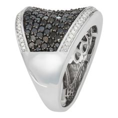 Covered from end-to-end with shimmering black and white diamonds, this sterling silver concave ring adds a modern touch to any outfit. Covered from end-to-end with shimmering black and white diamonds, this sterling silver concave ring adds a modern touch to any outfit.Click on this JEWELRY & WATCHES GUIDE to learn about fit, styles, materials and more! Metal: sterling silver Plating: rhodium Width: 3.86 mm Finish: polishedDIAMOND DETAILS Total weight: 2 ct. Shape: round brilliant Color: black, w Classic Rings With Black Diamonds And Cubic Zirconia, Silver Diamond Ring With Black Diamonds For Promise, White Gold Ring With Black Diamonds For Promise, Sterling Silver Anniversary Rings With Black Diamonds, White Gold Promise Ring With Black Diamonds, Sterling Silver Rings With Black Diamonds For Anniversary, Fine Jewelry Sterling Silver Diamond Ring With Black Diamonds, Classic Black Rings With Pave Setting, Luxury Black Diamond Promise Ring