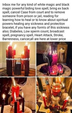 some candles that are sitting on top of a table in front of other pictures and words