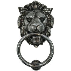 a metal lion head door knock with a ring