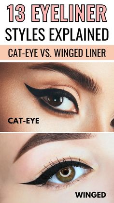 Master the art of eyeliner with our guide to 13 different styles, perfect for makeup enthusiasts and beauty beginners alike. From classic winged liner to sultry cat-eye, learn the difference from a professional makeup artist, as many bloggers get them confused. Elevate your makeup game and learn the pros and cons of eyeliner formulas as well. Types Of Winged Eyeliner, How To Do Wings Eyeliner For Beginners, How To Do Cat Eyeliner, Eyeliner Step-by-step, Types Of Eyeliner Style, Easy Winged Eyeliner For Beginners, Heavy Eyeliner, Quick Eyeliner, Different Eyeliner Styles