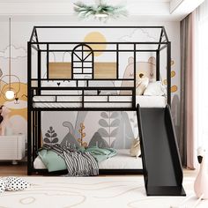 a child's bunk bed with a slide in front of it and an animal themed wallpaper