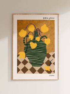 a painting with yellow flowers in a green vase on a checkered tableclothed floor