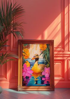 a painting on the wall next to a potted palm tree and pink flowers in front of it