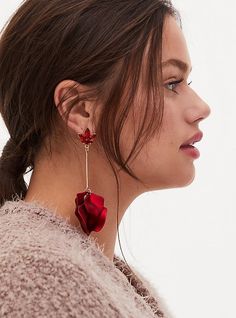 These beautiful earrings end in a collection of petals making these drop earrings a standout for any occasion. Post backs. Base metal. Imported. The best plus size women's red floral petal drop statement earrings in red. Torrid is your destination for cozy fall and winter clothes to keep you warm and comfortable. Red Drop Earrings For Spring, Red Dangle Flower Earrings, Valentine's Day Rose Red Flower Earrings For Party, Red Spring Earrings, Red Flower-shaped Earrings For Party, Red Flower Earrings For Party, Red Floral Earrings For Party, Red Flower Shape Earrings For Party, Red Flower-shaped Party Earrings