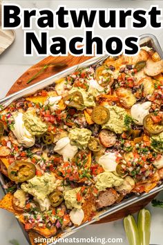 Make your next cookout special with our beer brat nachos. This easy main dish combines grilled bratwurst, cheesy nachos, and delicious toppings for a flavor-packed snack. Whether it's for National Nacho Day or a casual get-together, these beer brat nachos are sure to impress. Click to see the recipe for beer brat nachos. Classic Nachos, Beer Brat, Grilled Bratwurst, Nacho Toppings, Bratwurst Recipes, Bratwurst Sausage, Pan Recipe