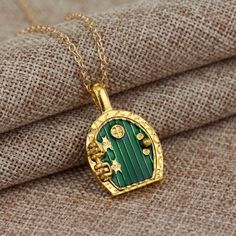 Gold Hobbit Hole, Lord Of The Rings Pendant Locket Necklace - Green Door Cage Necklace, Secret Forest, Caged Necklace, Pendant Locket, Hobbit Hole, Gold And Silver Jewelry, Green Door, Jewelry Photography, Birthday Woman