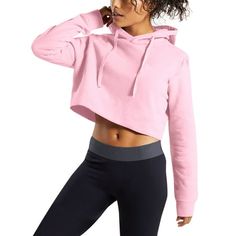 The cropped hoodie makes it fast and easy to pull over your head whether you are relaxing at home or heading out. The snug hood will stay secure on your head and keep you warm. This hoodie does not make you look bulky, making it also a great layering piece to match with bomber jackets. Size: S.  Color: Pink.  Gender: female.  Age Group: adult. Hooded Cropped Sweater For Streetwear, Hooded Cropped Sweater For Streetwear In Athleisure Style, Comfortable Hooded Sweatshirt For Workout, Winter Athleisure Cropped Sweater With Drawstring Hood, Sporty Hooded Cropped Sweater With Drawstring, Sporty Cropped Hooded Sweater With Drawstring, Sporty Long Sleeve Cropped Sweater With Drawstring Hood, Casual Cropped Hooded Sweater With Drawstring, Comfortable Hooded Workout Tops