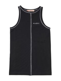 black/white stretch-cotton jersey texture logo print at the chest contrast stitching exposed-seam detailing round neck sleeveless straight hem Black Logo Print Tank Top For Streetwear, Black Cotton Tank Top With Logo Print, Black Sleeveless Tank Top With Logo Print, Black Logo Tops For Spring, Black Fitted Tops With Logo, Black Logo Print Tank Top For Summer, Texture Logo, Exposed Seams, Teen Top