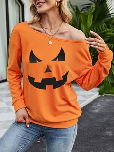 Halloween Pumkin Off Shoulder Long Sleeve Sweatshirt Spooky Long Sleeve T-shirt For Fall, Spooky Long Sleeve Halloween Tops, Casual Long Sleeve Halloween T-shirt, Orange Crew Neck Top For Winter, Oversized Orange Long Sleeve Top, Casual Orange Tops For Halloween, Spooky Long Sleeve Tops For Fall, Spooky Long Sleeve Sweatshirt For Fall, Spooky Orange Crew Neck Top