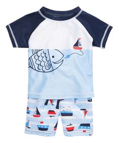 BRAND NEW BOYS FIRST IMPRESSIONS SWIM SET 100% Guaranteed Authentic with tag Fun fish and colorful sailboats add sweet charm to First Impressions' swim set, featuring a rash guard top and matching swim trunks 2 PC set Rash Guard: Mock neck; Raglan sleeves; Fish graphic print at front Trunks: Tie at elastic waistband; Mesh lining Rated UPF 50 UV Protection Materials for maximum sun protection Rash Guard 85% Polyester, 15% Spandex; Swim trunks 100% Polyester Tag Color Bright White Imported For kid Toddler Rash, Baby Swimsuit, Toddler Boy Fashion, Baby Swimming, Boys Swimwear, Swim Shirts, First Impressions, Sailboats