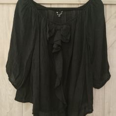 Nwt Size-Xl Unique Spectrum Chiffon Blouse With Front Ruffle Bow 3/4 Lenght Sleeves Black Elastic Neck Elastic Sleeves Flowy Blouse Rn53237