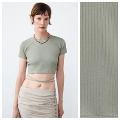 Nwt. Zara Green Ribbed Short T-Shirt With Straps, Round Neckline, Short Sleeves, Adjustable Neckline With Shoulder Strap At The Back. Size S. Ref. 4174/182. Pit To Pit 13,5" Flat, Shoulders 12", Sleeves 5", Length 15". Bs Short T Shirt, T Shirt And Shorts, Zara Tops, Round Neckline, Green And Grey, Shoulder Strap, Short Sleeves, Zara, Womens Tops