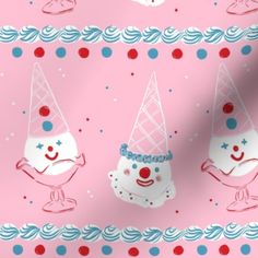 an image of two clowns with hats on their heads in pink and blue fabric