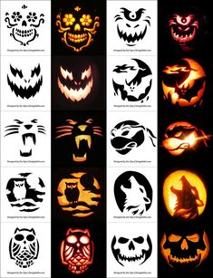 halloween pumpkins with scary faces and cats on them, all lit up in different colors