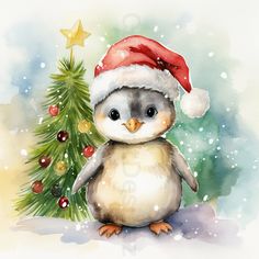 a watercolor painting of a penguin wearing a santa hat next to a christmas tree