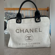 Chanel Deauville Large Tote Grey And Black. Lots Of Life Left Can Be Cleaned At Cleaners For Freshen Up If Necessary. Comes With Organizer In Bag. Chanel Towel Bag, Chanel Tote Bag Black, Black And Silver Chanel Bag, Chanel Deauville Tote Bag, Large Tote, Womens Tote Bags, Chanel Bag, Chanel, Grey