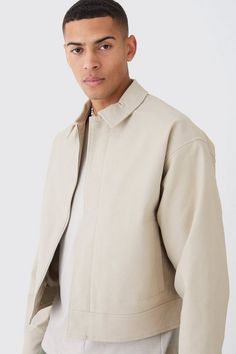 Boxy Smart Ribbed Twill Harrington Jacket | boohooMAN USA Winter Streetwear Cotton Outerwear, Cotton Techwear Outerwear For Streetwear, Urban Cotton Outerwear For Winter, Urban Cotton Winter Outerwear, Spring Techwear Outerwear For Streetwear, Winter Cotton Techwear Outerwear, Winter Techwear Cotton Outerwear, Urban Cotton Long Sleeve Outerwear, Urban Long Sleeve Cotton Outerwear