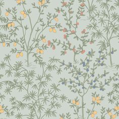 an image of a wallpaper pattern with flowers and berries on the plant stems in pastel colors