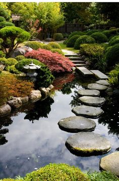 a garden with stepping stones in the water