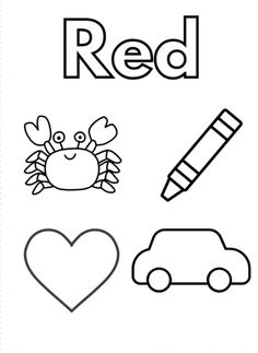 a coloring page with the words red and a car, a heart, and a pencil