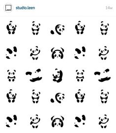 an image of pandas with different expressions on their faces and body, all in black