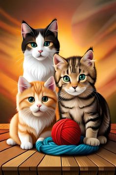 three cats are sitting on a table with yarn