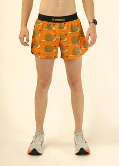 Model wearing Chicknlegs men's  inch split running shorts in the snails design facing front. Best Running Shorts, Running Shorts Men, Chicken Legs, Side Split, Black Mesh, Running Shorts, Lightweight Fabric, Zipper Pocket, Running