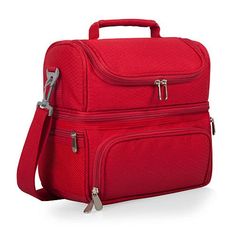 a red lunch bag with handles and zippers on the side, sitting upright against a white background