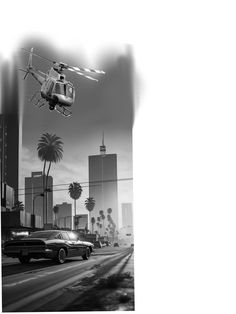 a black and white photo of a helicopter flying over a street with cars on it