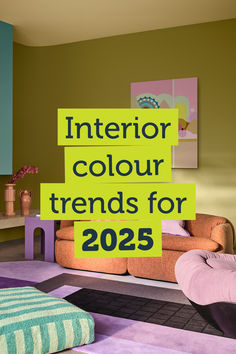 the interior color trend for 2055 is yellow and green, with an orange couch