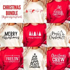 six christmas sweaters with merry lettering on them