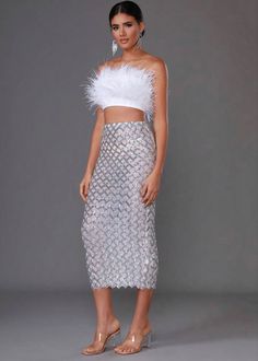 Fitted Skirt With Feather Trim For Night Out, Glamorous Skirt With Feather Trim For Night Out, Festive White Sequined Sets, Party Fitted Skirt With Feather Trim, White Sparkly Two Piece Set, Luxury Silver Sequin Sets, Glamorous Party Skirt With Feather Trim, White Fringe Two Piece Set, Silver Sequin Two Piece Set Skirt