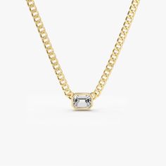 14k Gold Cuban Link Bezel Setting Emerald Cut Diamond Necklace 13 Inches Ferkos Fine Jewelry Types Of Diamonds, Emerald Cut Diamond, Emerald Cut Diamonds, Cuban Link, Diamond Color, Custom Necklace, Necklace Sizes, Diamond Gemstone, Bezel Setting