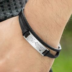 [UNIQUE MEN'S BRACELET]: The leather bracelet for men is a great way to express your gratitude and love for your special person. You can choose the pattern fist or foot and the inspiring words on the stainless steel bar,what's more, names engraved on stainless steel metal can show your love or thanks for father. This bracelet makes up for a perfect everyday accessory for men.
[EXCELLENT QUALITY]: Made of stainless steel and leather, soft and comfortable to wear, stainless steel has high resistan Personalized Inspirational Black Bracelets, Inspirational Personalized Black Bracelets, Black Leather Bracelet For Father's Day, Father's Day Gift Black Leather Bracelet, Black Engraved Rectangular Leather Bracelet, Black Leather Friendship Bracelet, Inspirational Black Bracelets For Everyday, Personalized Black Leather Bracelet For Father's Day, Personalized Black Leather Bracelet As Gift